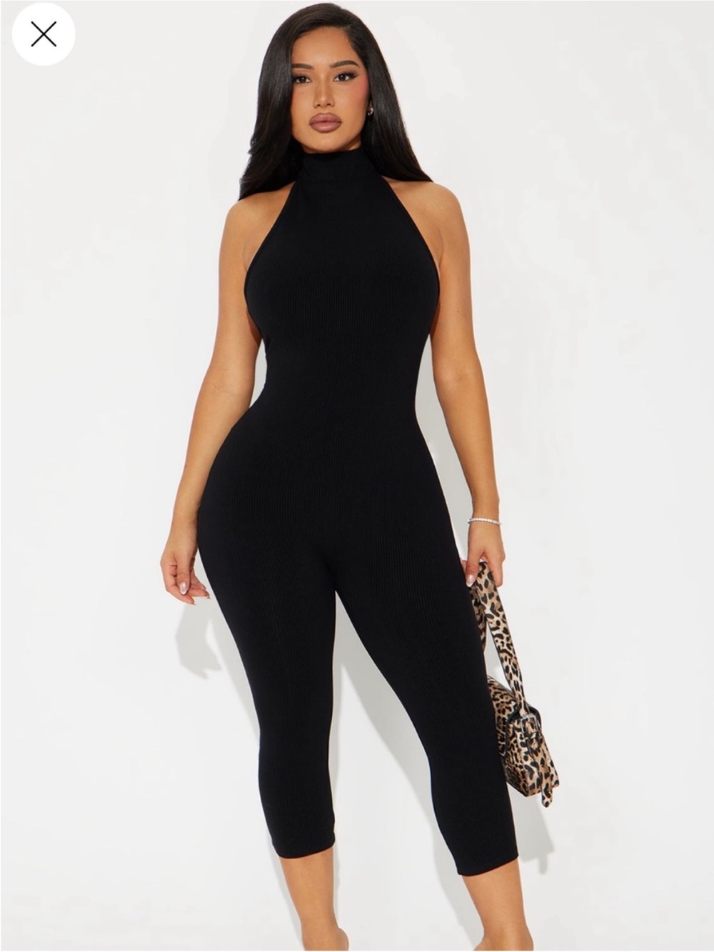 Fashion Nova Black Ribbed Halter Cropped Jumpsuit